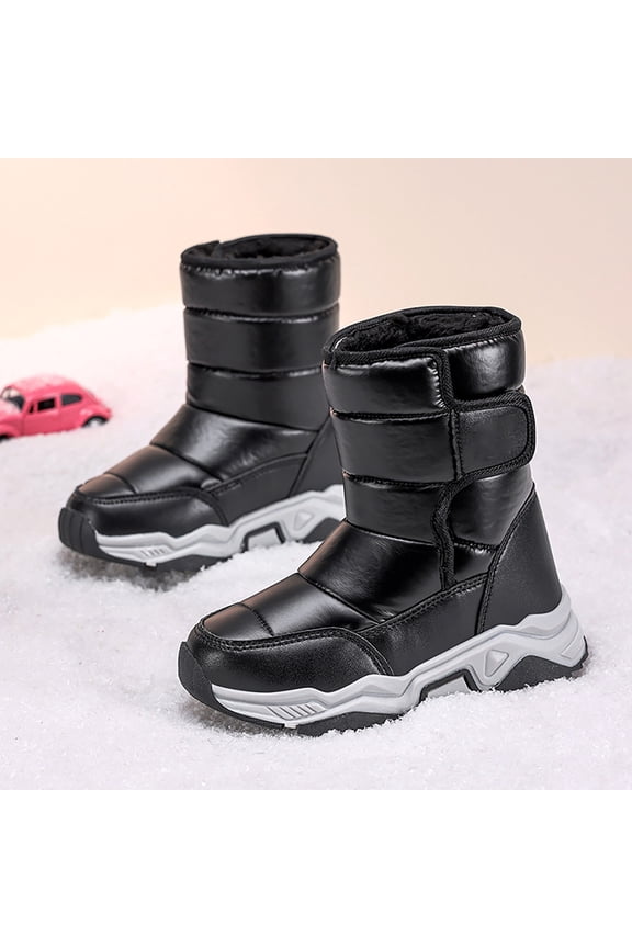 Kids Shiny Snow Boots Boys Girls Winter Fleece Lined Mid Calf Wide Fit Non Slip Waterproof Lightweight Thermal Walking Slip On Short Boots for Outdoor Activities