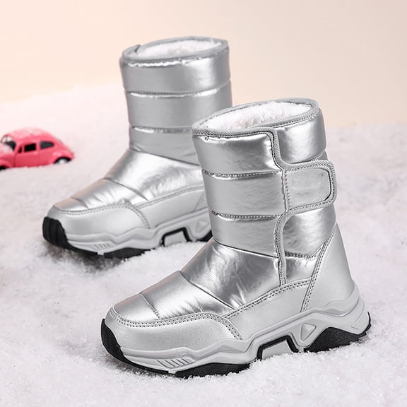 XIMIN Kids Shiny Snow Boots Boys Girls Winter Fleece Lined Mid Calf Wide Fit Non Slip Waterproof Lightweight Thermal Walking Slip On Short Boots for Outdoor Activities