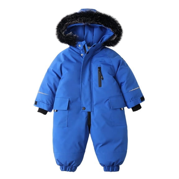 XIMIN Kids Snow Suit One Piece Warm Overalls Waterproof Snowboard Suit Bunting Ski Suit Baby Boys Girls Winter Outdoor Climbing Faux Fur Hooded Jacket