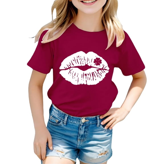 XIMIN Kids' St. Patrick's Day Comfy Soft Short-Sleeve Crew Neck T-Shirt - White Lip Print with Clover Graphic, Adorable Irish Top for Girls