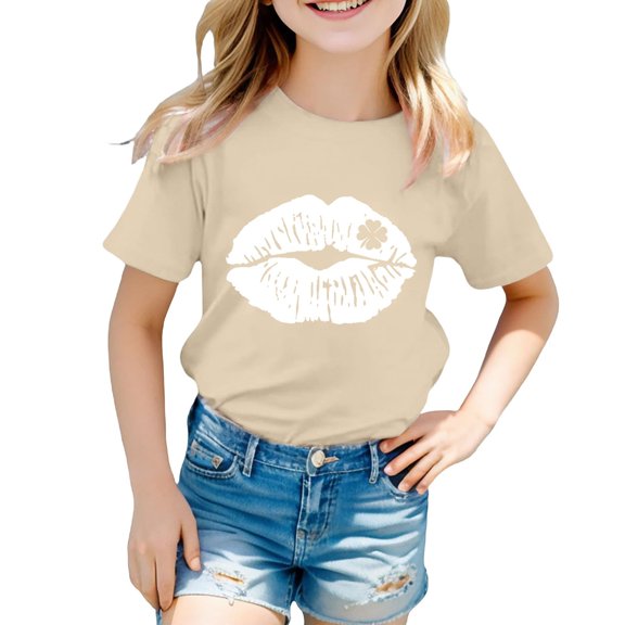 XIMIN Kids' St. Patrick's Day Comfy Soft Short-Sleeve Crew Neck T-Shirt - White Lip Print with Clover Graphic, Adorable Irish Top for Girls