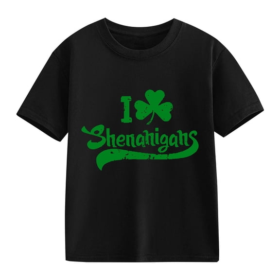 XIMIN Kids' St. Patrick's Day Soft Short-Sleeve Crew Neck T-Shirt - Distressed Green "I Love Shenanigans" Graphic, Festive Irish Top for Boys & Girls