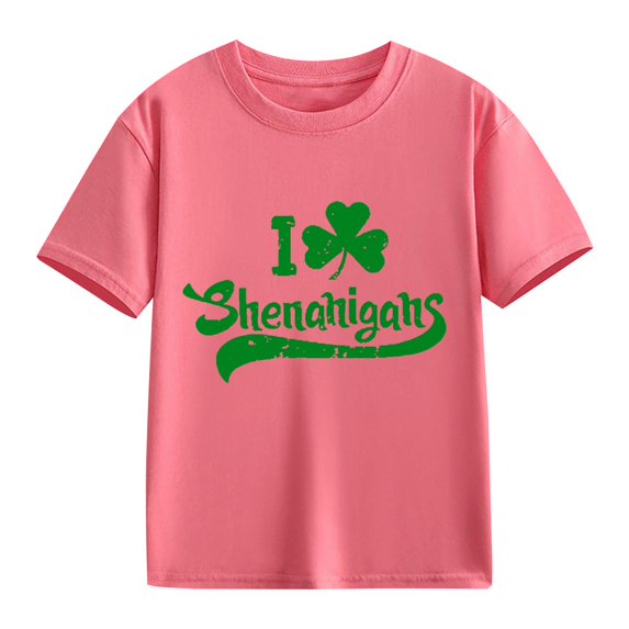 XIMIN Kids' St. Patrick's Day Soft Short-Sleeve Crew Neck T-Shirt - Distressed Green "I Love Shenanigans" Graphic, Festive Irish Top for Boys & Girls