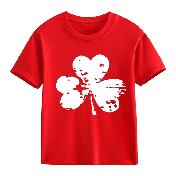XIMIN Kids' St. Patrick's Day Soft Short-Sleeve Crew Neck T-Shirt - Distressed White Four-Leaf Clover Graphic, Lucky Charm Top for Boys & Girls
