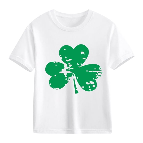 XIMIN Kids' St. Patrick's Day Soft Short-Sleeve Crew Neck T-Shirt - Distressed White Four-Leaf Clover Graphic, Lucky Charm Top for Boys & Girls