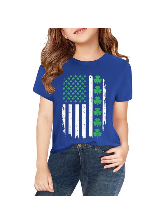 Kids' St. Patrick's Day Soft Short-Sleeve T-Shirt - Green Four-Leaf Clover American Flag Graphic, Festive Irish-U.S. Fusion Outfit, Top for Boys & Girls