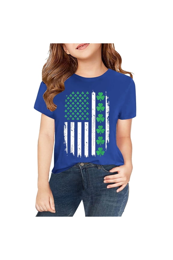 Kids' St. Patrick's Day Soft Short-Sleeve T-Shirt - Green Four-Leaf Clover American Flag Graphic, Festive Irish-U.S. Fusion Outfit, Top for Boys & Girls