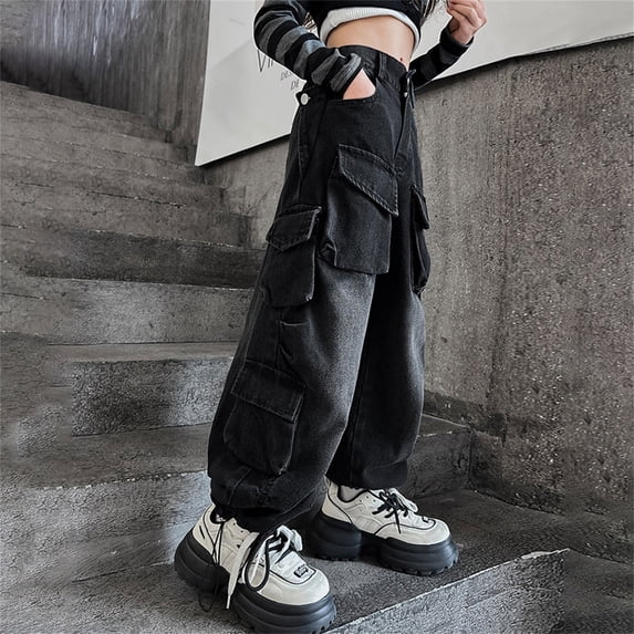 XIMIN Kids Teen Cargo Pants Baggy Jeans Loose Jeans Clothes Streetwear Boys Girls Loose High Waist Straight Vintage Casual Wide Leg Hip Hop Y2k Pants Trousers