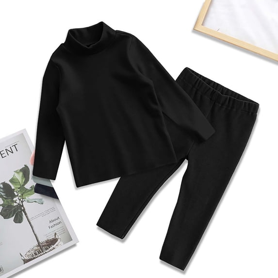 XIMIN Kids Thermal Underwear Set, Toddler Boys Girls Plain 2 Piece Outfit, Fall Winter Turtleneck Shirt and Pants (Black, 18-24 Months)