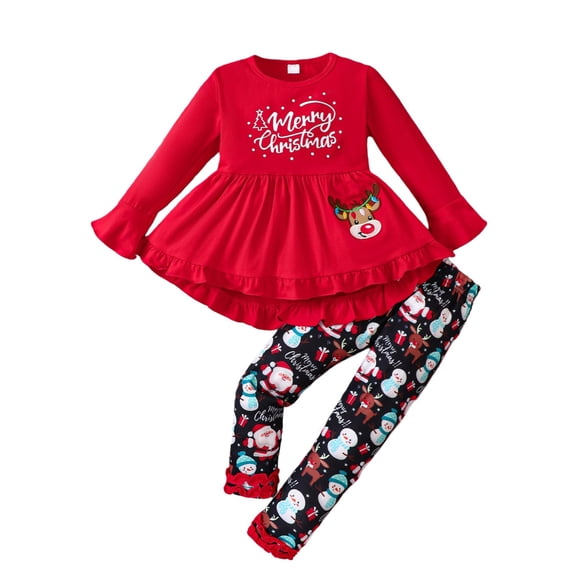 XIMIN Kids Toddler Girls Clothing Set Reindeer Print Long Sleeve Ruffle Hem Top With Bowknot ＋Floral Print Pants 2 Pcs Fall Winter Outfits Set