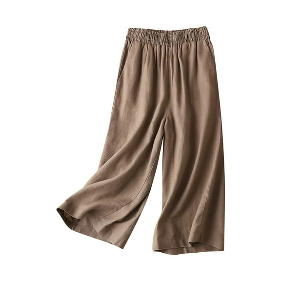 XIMIN Ladies Breathable Trousers Women Fashion Solid Color Cotton Flax Elastic Long Pants Beach Leisure Trousers with Pockets Stretchy Boho Pants(Coffee,XL)