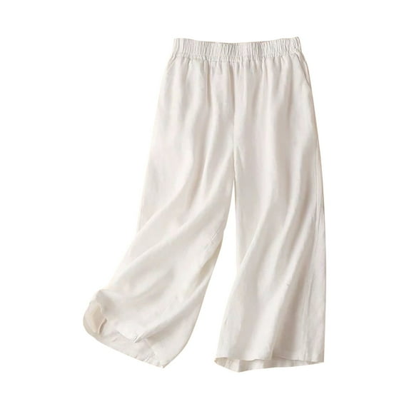 XIMIN Ladies Breathable Trousers Women Fashion Solid Color Cotton Flax Elastic Long Pants Beach Leisure Trousers with Pockets Stretchy Boho Pants(White,XL)