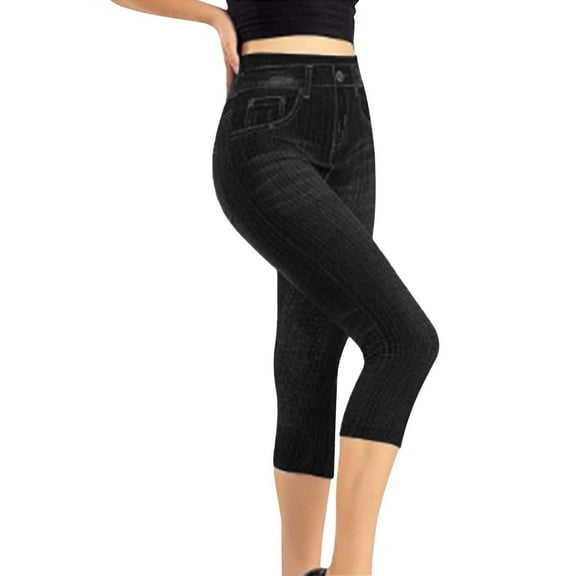 XIMIN Ladies Casual Pants Women's Denim Capri Pants 2024 Summer Stylish Casual Elastic Waisted Leggings Solid High Waist Seamless Capris(Black,M)
