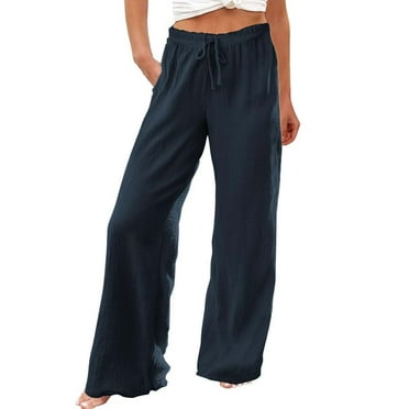 XIMIN Ladies Solid Color Pants Womens Casual Lightweight Drawstring Elastic Waist Loose Trousers Wide Leg Pants Running Workout Legging(Navy,XXXL)