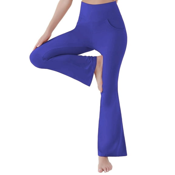 XIMIN Ladies Solid Color Pants Womens High Waist Pant Soft Sport Yoga Leggings Workout Running Trousers Casual Wide Leg Pants Stretchy Boho Pants(Blue,L)
