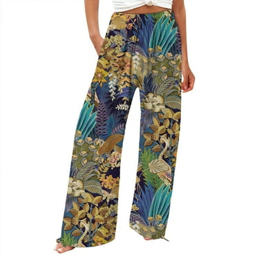 XIMIN Ladies Stretch Leggings Women's Casual and Fashionable Beach Elastic Waist Wide Leg Pants With Colorful Floral Print Pants Pockets(Dark Blue,XL)