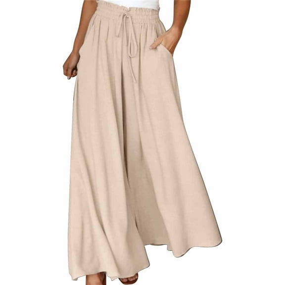 XIMIN Ladies Stretch Trousers Womens Casual Wide Leg Pants Flowy Elastic Drawstring Waist Palazzo Pants Wide Leg Jogger With Pockets(A,M)