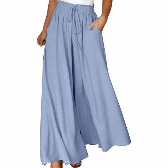 XIMIN Ladies Stretch Trousers Womens Casual Wide Leg Pants Flowy Elastic Drawstring Waist Palazzo Pants Wide Leg Jogger With Pockets(Blue,L)