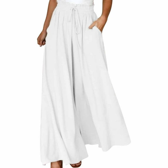 XIMIN Ladies Stretch Trousers Womens Casual Wide Leg Pants Flowy Elastic Drawstring Waist Palazzo Pants Wide Leg Jogger With Pockets(White,XXL)