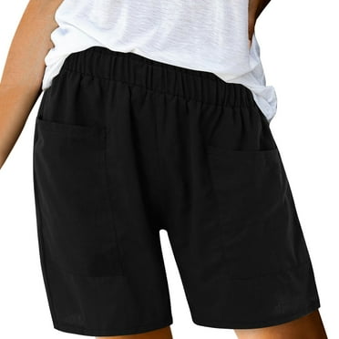XIMIN Lady Casual Shorts Womens Shorts Cotton High Elastic Waisted Pleated Ruffle Cute Shorts Beach Flowy Casual Shorts Drawstring Elastic Trousers Comfy Straight Leg Short Pants With Pockets