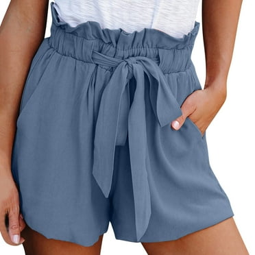 XIMIN Lady Loose Shorts High Waisted Shorts Striped Ruffle Elastic Waist Summer Beach Short with Pockets Belt Lady Casual Shorts