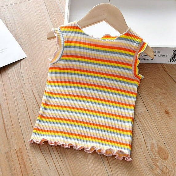 XIMIN Light Shirt Kids Summer Baby Girls Striped Vest Soft Breathable Cotton Kids Thin Sleeveless Outside Wearing T Shirt Off Shoulder Girls Tops (3-4 Years, C)
