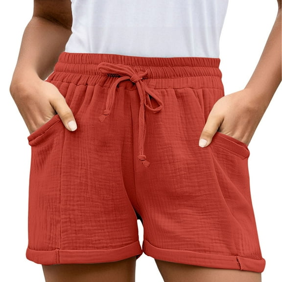 XIMIN Linen Shorts for Women Plus Size Drawstring with Pockets Elastic High Waisted Casual Trendy Summer Pull On Loose Fit Beach Vacation Shorts (11-12 Years, Red)