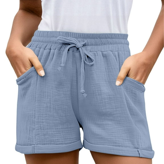 XIMIN Linen Shorts for Women Plus Size Drawstring with Pockets Elastic High Waisted Casual Trendy Summer Pull On Loose Fit Beach Vacation Shorts (7-8 Years, Light Blue)