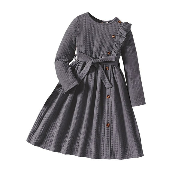 XIMIN Little Girls Sweater Dress Kids Girl Sweater Dresses Solid Color Ruffle Ribbed Cable Knit Long Sleeve Swing Ruffle Dress Fall Winter Clothes Dress