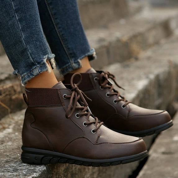 XIMIN Men Women Fall Boots High Top Vintage Leather Ankle Boots Cam Moccasin Toe Chukka Lace-Up Flat Boot Arch Support Comfy Outdoor Anti-Slip Walking Booties