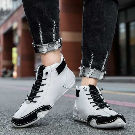 XIMIN Men's Casual Suede Lace Up Flats Ankle Boots Orthopedic Slip On Shoes Handmade High Top Boots Outdoor Lightweight Walking Sneakers Non-Slip Driving