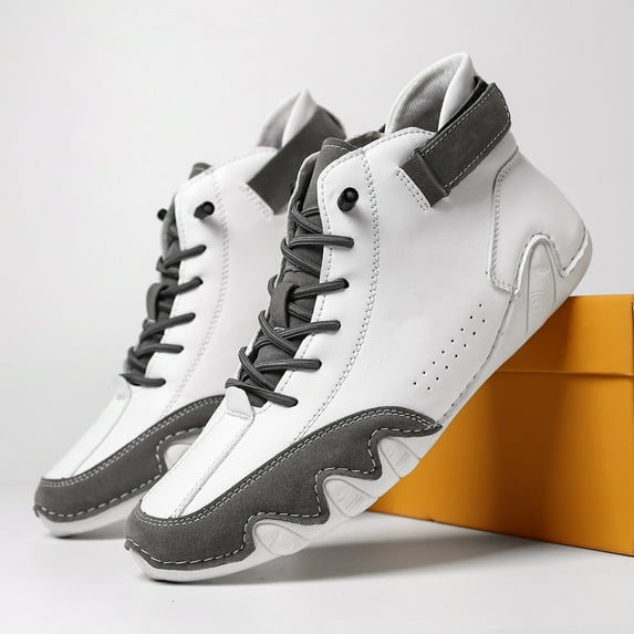 XIMIN Men's Casual Suede Lace Up Flats Ankle Boots Orthopedic Slip On Shoes Handmade High Top Boots Outdoor Lightweight Walking Sneakers Non-Slip Driving