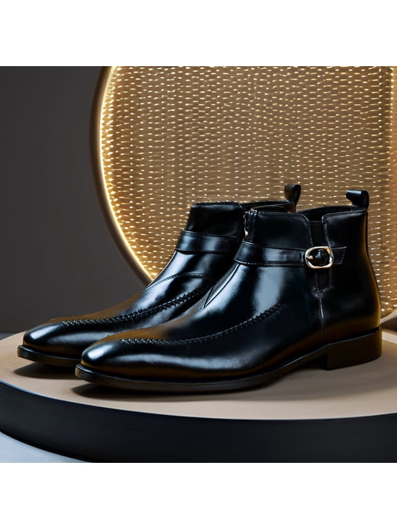 Men's Chelsea Ankle Comfortable Tuxedo Shoes Leather Buckle Strap Monk Dress Boots Formal Derby Shoes Business Casual Service Oxford Boots