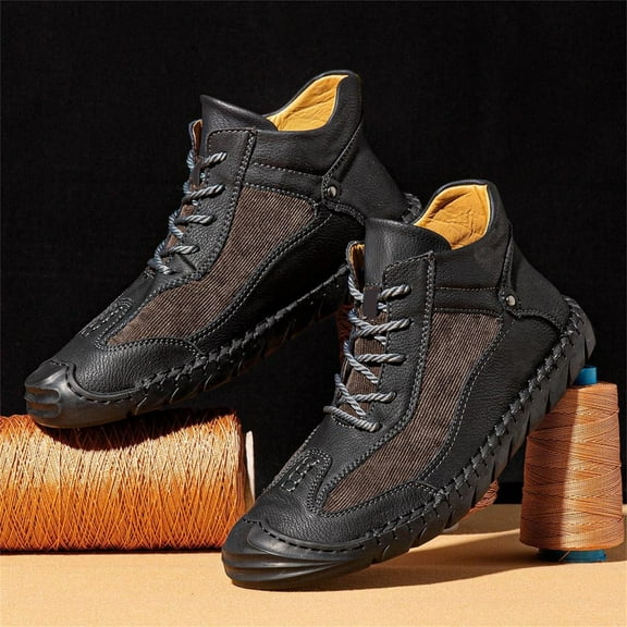 XIMIN Men's Chukka Boots Casual Leather Vintage Handmade Stitching High Boots Fashion Lace-Up Non-Slip Retro Ankle Bootie Comfort Outdoor Walking Driving Sneakers