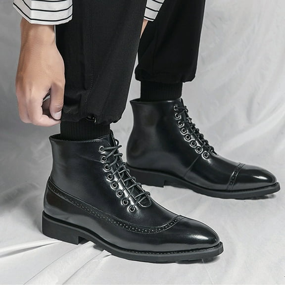 XIMIN Men's Leather Brogue Wingtips Lace-Up Dress Oxford Boots Comfortable Non-Slip Pointed Toe High-Top Retro Formal Chelsea Boots Ankle Boots