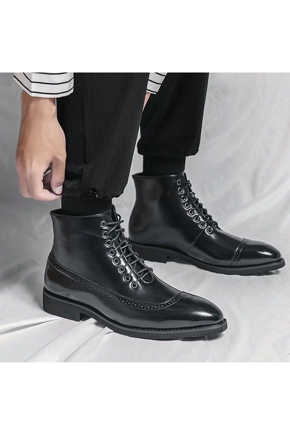 Men's Leather Brogue Wingtips Lace-Up Dress Oxford Boots Comfortable Non-Slip Pointed Toe High-Top Retro Formal Chelsea Boots Ankle Boots