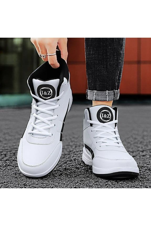 Men's Leather High Top Lace-Up Platform Sneakers Ankle Boots Comfort Walking Tennis Outdoor Basketball Style Casual Fashion Dad Shoes (10.5, White)