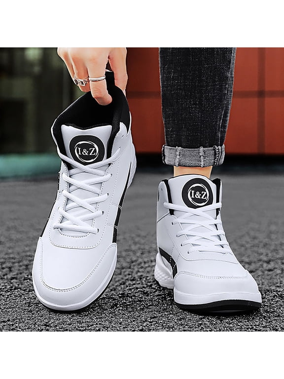 Men's Leather High Top Lace-Up Platform Sneakers Ankle Boots Comfort Walking Tennis Outdoor Basketball Style Casual Fashion Dad Shoes (48, White)