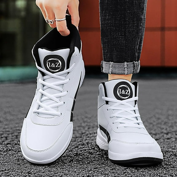 XIMIN Men's Leather High Top Lace-Up Platform Sneakers Ankle Boots Comfort Walking Tennis Outdoor Basketball Style Casual Fashion Dad Shoes (7.5, White)