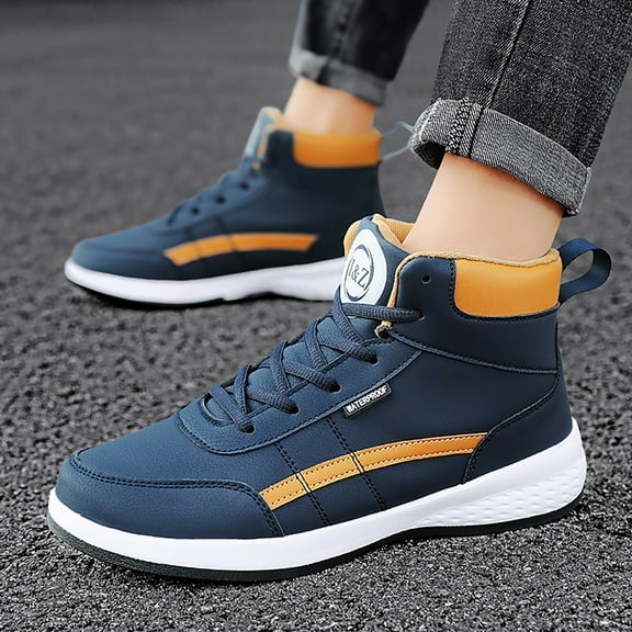 XIMIN Men's Leather High Top Platform Sneakers Ankle Boots Fashion Comfy Walking Tennis Casual Lace-Up Dad Shoes for Outdoor Basketball Style Anti Slip Footwear (9, Blue)