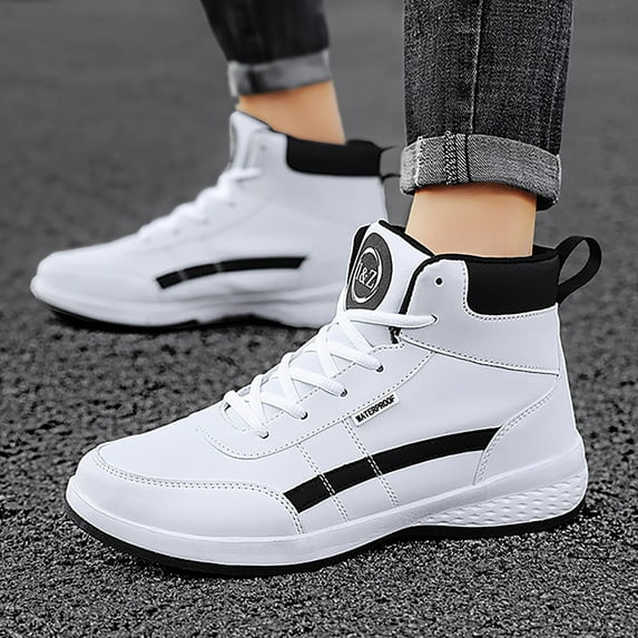 XIMIN Men's Leather High Top Platform Sneakers Ankle Boots Fashion Comfy Walking Tennis Casual Lace-Up Dad Shoes for Outdoor Basketball Style Anti Slip Footwear (8, White)