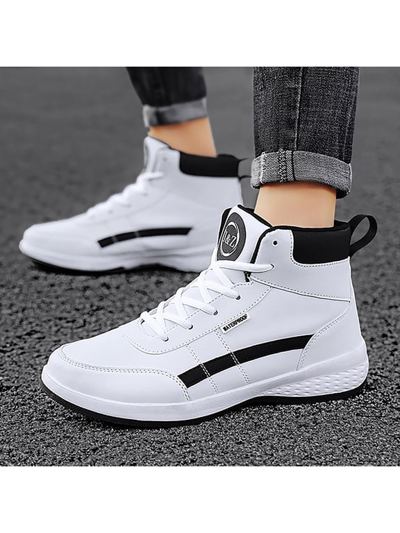 Men's Leather High Top Platform Sneakers Ankle Boots Fashion Comfy Walking Tennis Casual Lace-Up Dad Shoes for Outdoor Basketball Style Anti Slip Footwear (11, White)