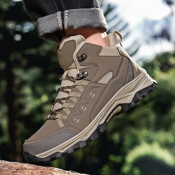 XIMIN Men's Leather Non-Slip Round Toe Lace-Up Hiking Shoes High-Top Waterproof Lightweight Slip Resistant Shoes Suitable for Outdoor Camping Hiking and Climbing