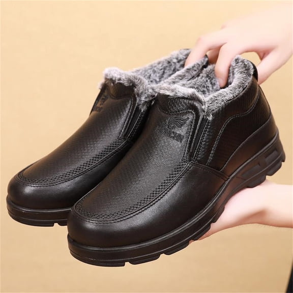XIMIN Men's Leather Waterproof Thickened Warm Fur Lined Winter Boots Outdoor Anti-Slip Comfortable Slip-on Snow Booties High Top Thick Sole Lightweight Casual Walking Cotton Shoes