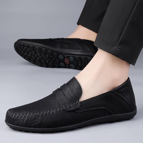 XIMIN Men's Prom Dress Loafers Leather Business Solid Color Prom Non Slip Low Top Comfortable Breathable Slip On Block Heel Anti-Slip Lightweight Shoes