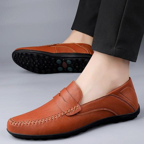 XIMIN Men's Prom Dress Loafers Leather Business Solid Color Prom Non Slip Low Top Comfortable Breathable Slip On Block Heel Anti-Slip Lightweight Shoes