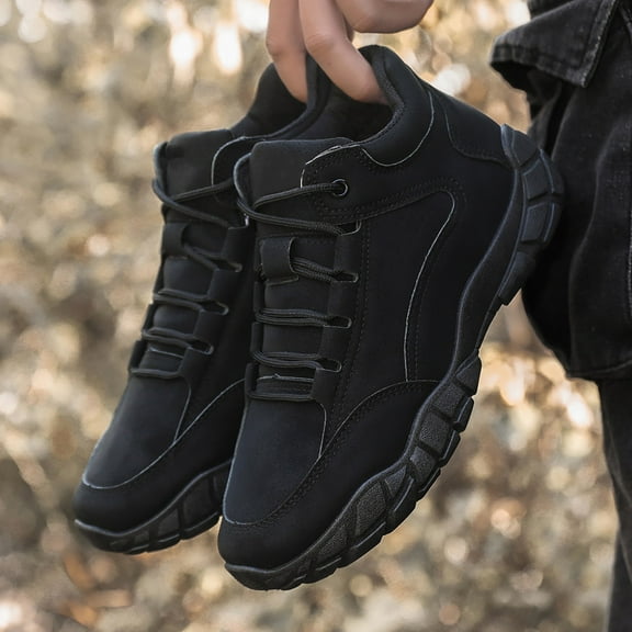 XIMIN Men's Suede Lace up Non Slip Platform Hiking Shoes Low Top Lightweight Waterproof Lug Sole Outdoor Sneakers for Camping Trekking Adventure Shoes (9.5, Black)