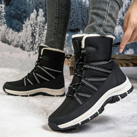 XIMIN Men's Winter Snow Boots Lace Up Mid Calf Warm Waterproof Outdoor Shoes Thick Rubber Sole Non-Slip Hiking Boots Velvet Hiking Comfortable Fashion Ankle Boots