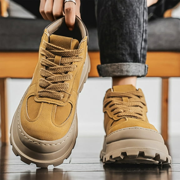 XIMIN Mens Fashion Suede Leather Lace Up Platform Sneakers Casual Retro Round Toe Non Slip Flats Orthotic Sport Lightweight Shoes for Walking Daily Travel Footwear (7.5, Khaki)
