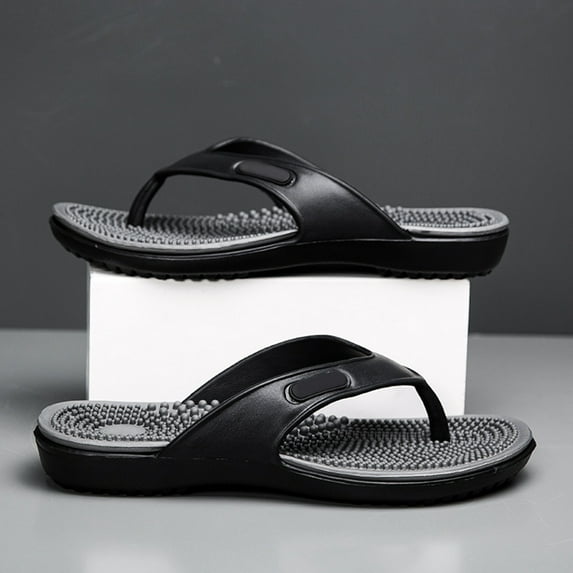 XIMIN Mens Flip-Flops Massage Slippers,Flat Bottomed Acupressure Massage Open Toe Cross Strap Soft Sole Comfortable Shoes,Outdoor Anti Slip Soft Soles Sandals (9, Black)